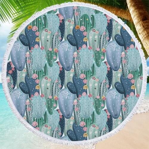 Cactus Beach Towel Summer Microfiber Swimming Bath Towel Beach Sunbathing Towel with Tassel 150cm Round Beach Towel