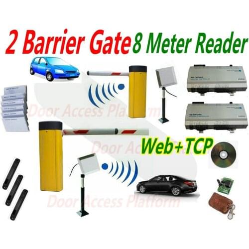 2 Gate of 8 Meter reading kit Car Parking Barrier gate system with 2 Network controller panel+2 UHF RFID reader Access control s