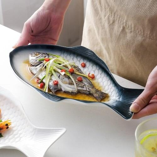 Nordic personality fish-shaped ceramic plate household dish fish plate underglaze color flat plate ins creative size steamed fis