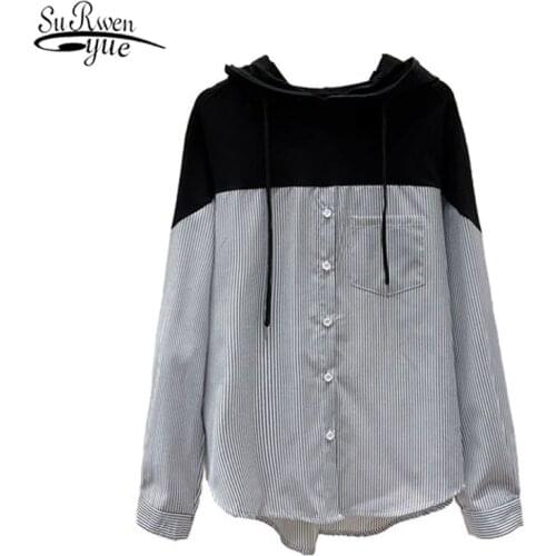 Sweatshirts Plus Size 2021 Autumn Hooded Striped Stitching Shirt Female Korean Style Loose Hoodies Women Drawstring Tops 11943