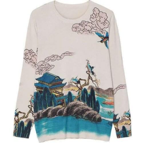 Art retro small fresh womens fall/winter plus size knit sweater bottoming shirt fashion printing outer sweater women