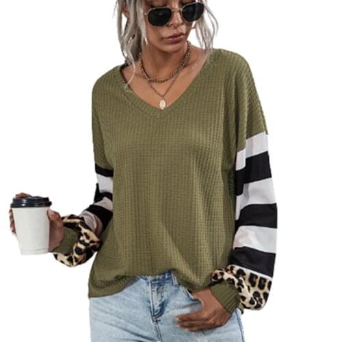 Fashion Striped Leopard Patch Long Sleeve Pullover Women Autumn Casual V-neck Knit T-shirt Winter Lady Top Young Girl Sweatshirt
