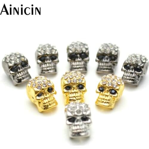 20pcs Rhinestone Crystal Setting Black Eyes 3mm Vertical Hole Copper Skull Loose Beads For Fashion Jewelry Making Findings