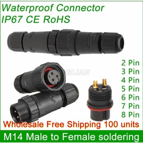 Free Shipping Wholesale 100 units M14 waterproof wire Connector male female plug IP67 led outdoor display socket cable to cable