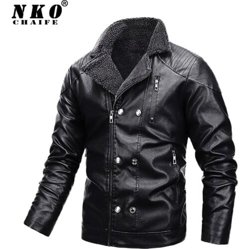 CHAIFENKO Brand Mens Leather Jackets Winter Fleece Casual Biker Mens Clothing Fashion Motor Fur collar Leather Jacket Coat Men
