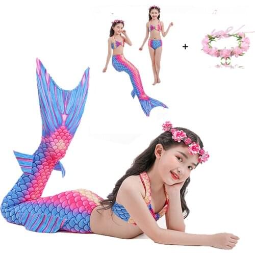 Girls Cosplay Mermaid Costume Mermaid Tail Swimming Bating Suit Swimsuit can add Monofin Fin Goggle with Garland For Kids Child