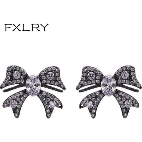 FXLRY Elegant Black Bowknot Stud Earrings for Women AAA Zircon Earrings Weddings Party Jewelry