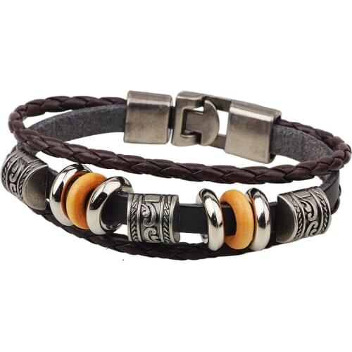 Punk Style Leather Bracelet Ethnic Multilayer Black Adjustable wrap Bracelet Eye Feather Charm Fine Turkish Jewelry 21.5cm