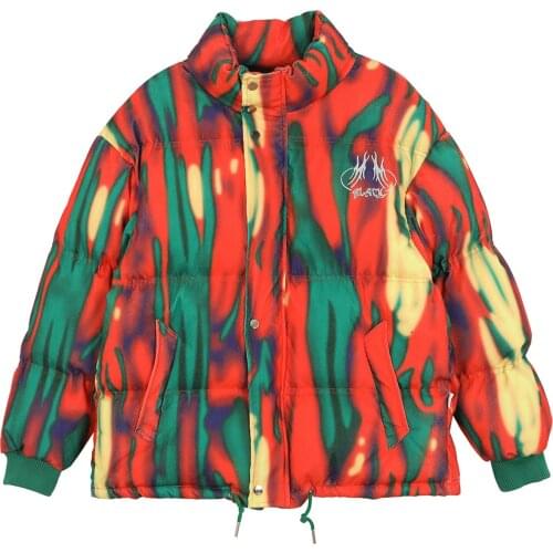 Hip Hop Thick Warm Parka Jackets Streetwear Tie Dye Stripe Full Zip Jacket Winter Harajuku Padded Jacket Coats Outwear Colorfu