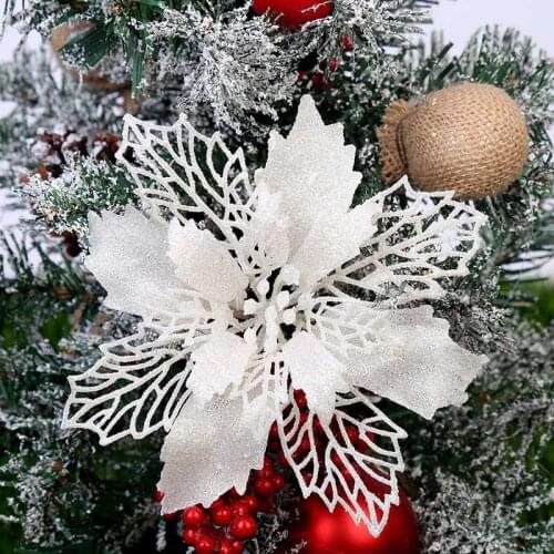 Leeiu 6pcs Glitter Artifical Christmas Flowers Christmas Tree Decoration Fake Flowers Xmas Ornaments New Years Decor 2021