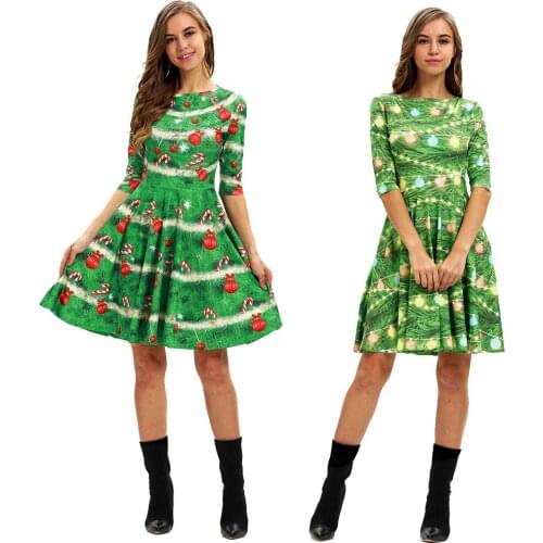Fashion Vintage Party Dress Christmas Trees Printed Dress Women Christmas Printing Dress Slim Fit Half Sleeve Dress Versatile