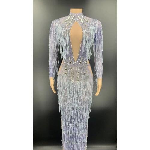 Fashion Crystals Rhinestone Party Long Dress Women Long Sleeve Tassel Club Dress Sexy Singer Dancer Performance Stage Costumes