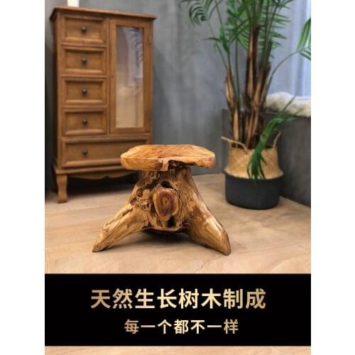 Natural Log Root Carving Stool Solid Wood Wooden Pile Flower Stand Base Coffee Table Tea Table with Stool Round Wooden Stool
