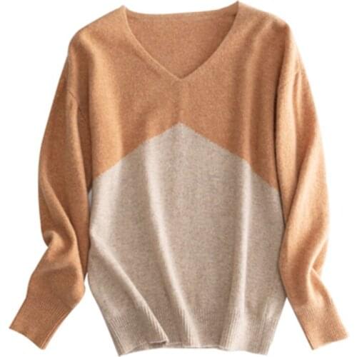 2020 New Winter Womens Knitted Sweater 100% Cashmere Patchwork Clothing Trendy Female Knit Pullovers Casual V-Neck Lady Mujer