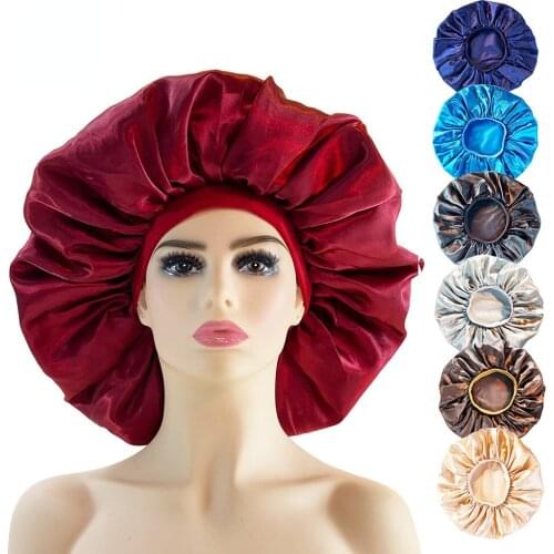 Extra Large Satin Silky Bonnet Sleep Cap with Premium Elastic Band For Women Solid Color Head Wrap Brimmed Nightcap Night Hat