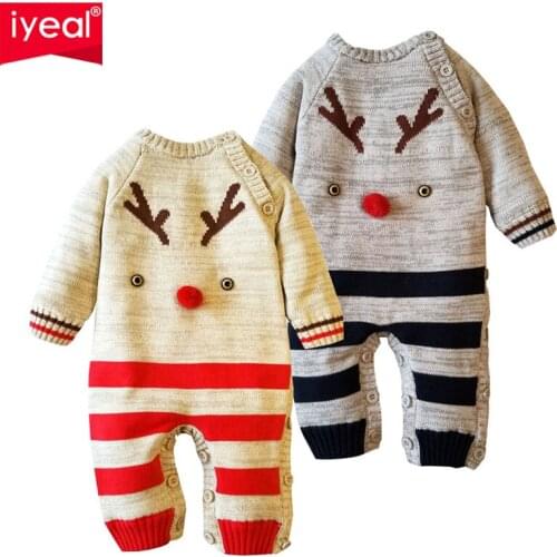 IYEAL Autumn Baby Girls Rompers Cartoon Christmas Deer Knitted Sweaters Toddler Boys Jumpsuit Long Sleeve Newborn Infant Outwear