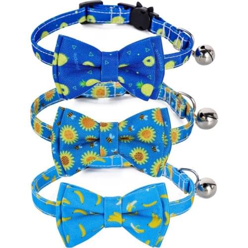 Breakaway Cat Collar with Bow Tie and Bell Blue Fruit Pattern Kitten Collars Adjustable Soft for Pets Small Dogs Summer Series