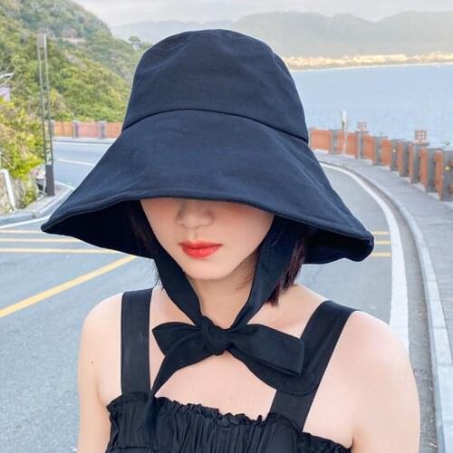 Women Summer Small Brim Bucket Hat Black Fashion Solid Color Korean Fisherman Cap Anti-sunburn Ladies Outside Ribbon Bucket Hats