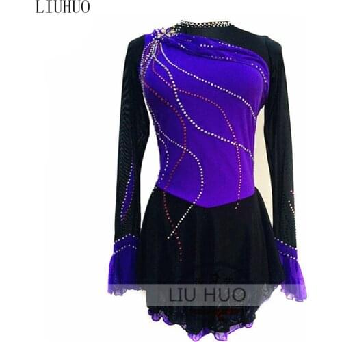 Figure Skating Dress Womens Girls' Ice Skating Dress Black and blue collocation Elastic mesh fabric Light and elegant