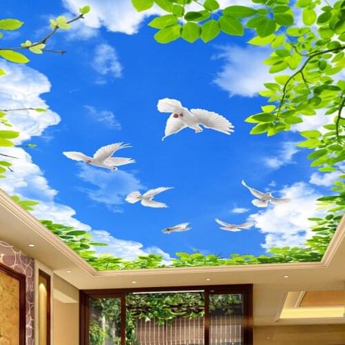 Dropship Blue Sky White Clouds Green Leaves Pigeons Ceiling Frescoes Custom Photo Wall Papaer Ceiling Wallpaper Blue Wallpaper