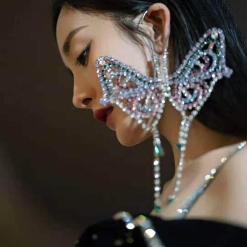 1 PC Exaggerated Bling Rhinestone Butterfly Ear Hook Drop Earrings Gifts for Girl Luxury Crystal Tassel Dangle Earrings Jewelry