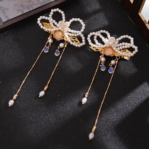 2pcs Butterfly Pearl Hairpin with Tassel Chinese Style Cute Vintage Headdress Hanfu Clothing Accessories for Girls BN
