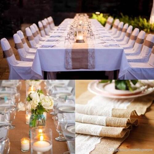 Natural Burlap Table Runner Hessian Vintage Tablecloth Cover with Jute Lace Rose Pattern for Wedding Party Rustic Decor
