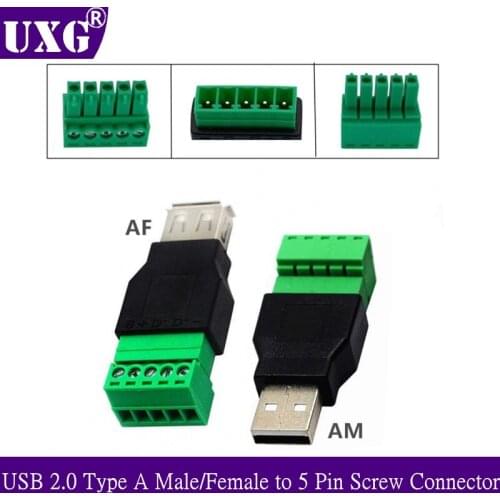 USB 2.0 Type A Male/Female to 5P Screw w/ Shield Terminal Plug Adapter Connector