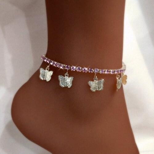Bohemia Big Rhinestone Cute Metal Butterfly Tennis Ankle Chain For Women Shiny Crystal Acrylic Butterfly Anklet New Foot Jewelry