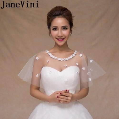 JaneVini 2019 Beaded Girls Bolero Vintage White Bridal Cloak Wrap Short Flowers Summer Spring Brides Wedding Shawl Cape Mariage