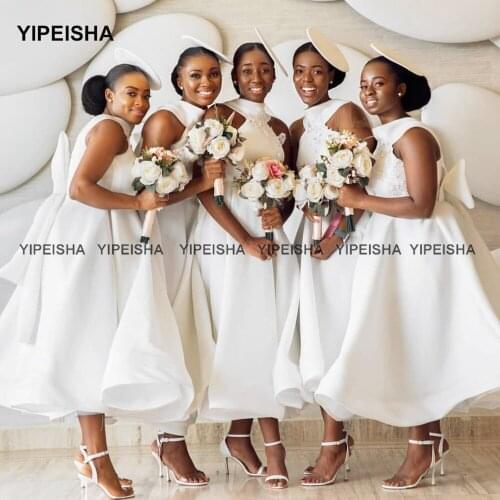 Yipeisha White Tea-length Bridesmaid Dresses With Bow Halter Satin A Line Short Wedding Party Dress Formal