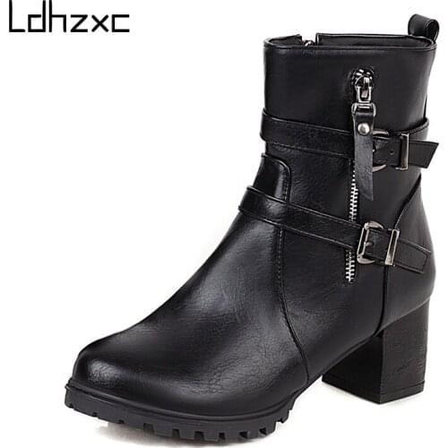 LDHZXC 2020 Autumn Winter Women Ankle Boots Mid Heel Platform Female Chelsea Boots With Buckles Short Boots big size 34-42