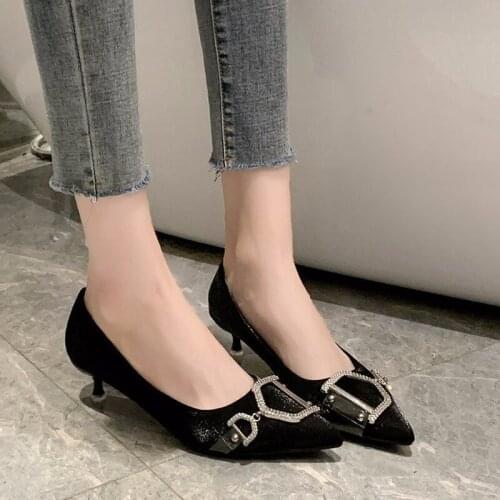 2020 New Fashion Women Shoes Woman Pumps Thin High Heels Metal Buckle Work Shoes Slip on Shallow Pointed Toe Sexy Ladies Shoes