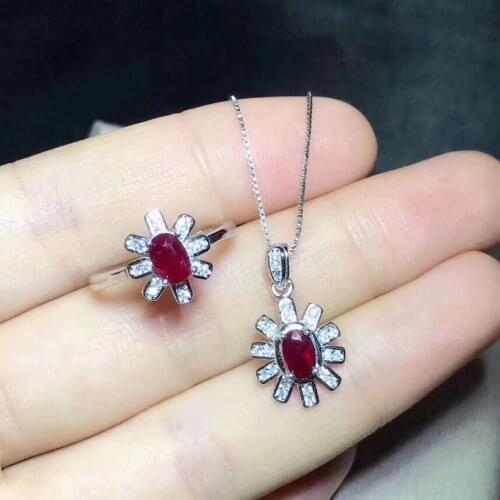 Fashion Lovely Stars Sun flower Natural red ruby Pendant ring Natural Gemstone Jewelry Set 925 Silver Women girl party jewelry