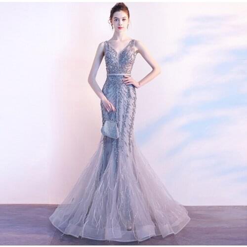 Beauty-Emily Fashion Long Elegant Mermaid Evening Dresses 2020 High-end Luxury Party Gowns Crystal Sequins Prom Dress Woman Gown