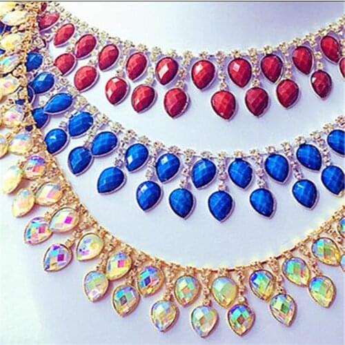 1Yd Silver Tone Sapphire, Red, AB Resin Rhinestone Chain Wedding Costume Trims Craft 3.5cm RT0055