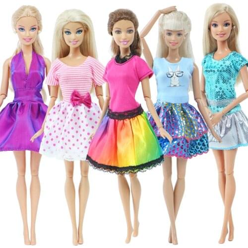 5 Pcs/Set Cute Handmade Doll Dress Deep V Pink Party Wear Shiny Bowknot Outfits Clothes for Barbie Doll Accessories Kids Toy