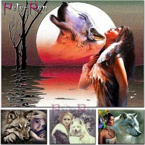 Beauty and wolf DIY diamond painting full whole resin drill mosaic fantasy art woman wolves Girl pattern 5D embroidery diamonds