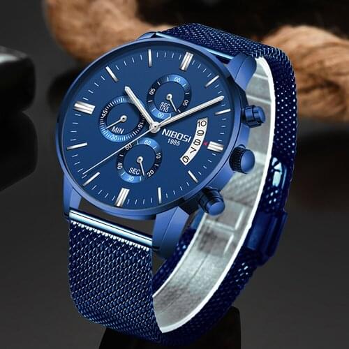 NIBOSI 2020 Mens Watches Waterproof Stainless Steel Top Brand Luxury Fashion Sport Watch Chronograph Quartz Clock Blue Watch Men