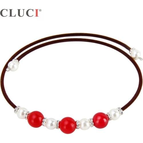 CLUCI 3pcs Red Agate Chain String Shell Pearls Zirconia Collar Choker Adjustable Necklaces & Pendants Black/Brown Rope BN017SB