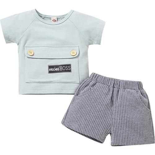 Kid Short Sleeve+Shorts Mini Boss Letter Print Pocket Decoration Elastic Waist Summer Clothing Childrens Clothes Baby Clothing