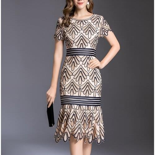 Elegant Trumpet Summer High Quality Runway Fashion Luxury Flower Embroidery Plus Size XXL XXXL Dress Slim