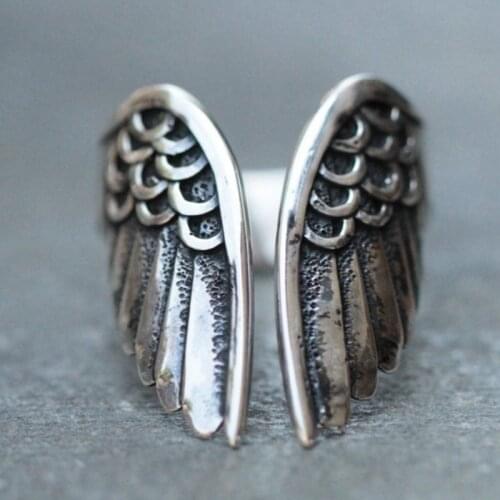 Classic Retro Stainless Steel Mens Ring Fashion Angel Wings Classic Jewelry Accessories Adjustable Size