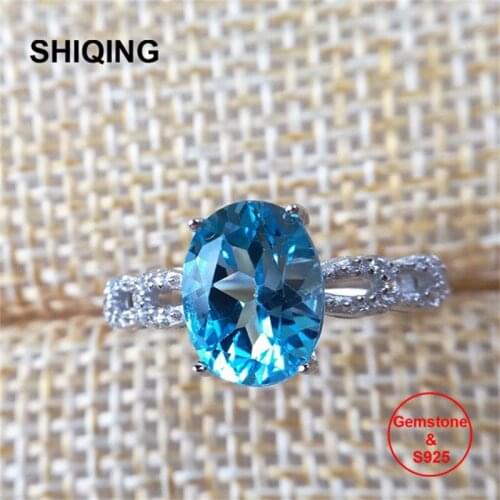 SHIQING Boutique jewelry nature blue topaz rings, gemstone silver oval open rings for woman