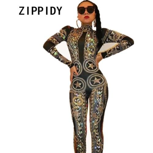 Sexy Pattern Printed Rhinestones Jumpsuit Nightclub Prom Womens Stretch Stage Outfit Female Singer Dancer Show Sexy Bodysuit