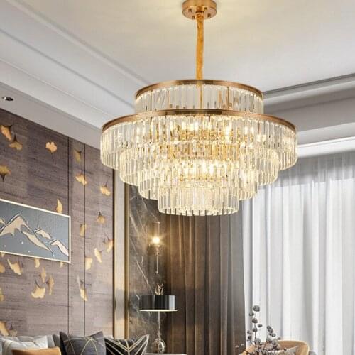 Luxury gold chandelier for living room round crystal light fixtures dining room decor chain cristal lamp large hallway lighting
