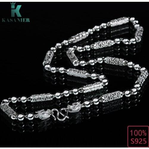KASANIER 100% S925 Sterling Silver Man 5MM Beads Bamboo Festival Necklaces Fashion Double Dragon Buckle Silver Jewelry