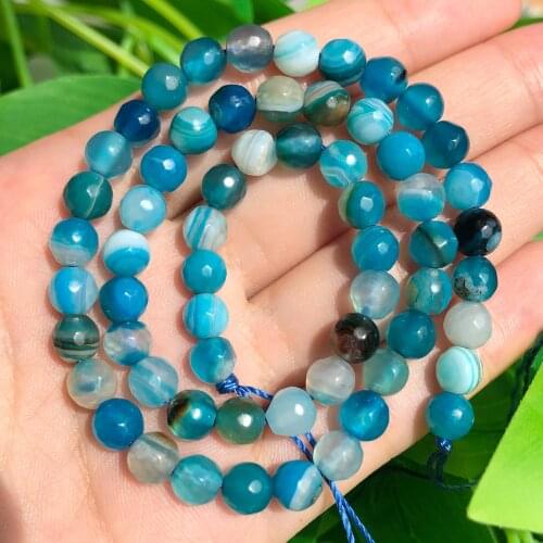 Natural Stone Faceted Lapis Blue Striped Agates Stone 4 6 8 10 12mm Round Beads for jewelry making Diy Bracelet Necklace 15 Inch