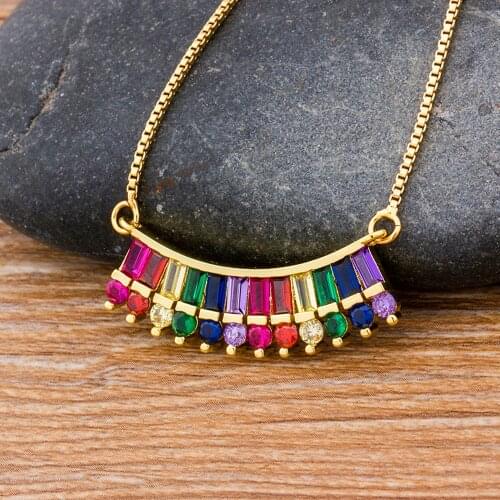 New Fashionable Rainbow Gold Micro Pave CZ Pendant Necklace Cubic Zirconia Copper Chain Choker Necklace For Women Engagement