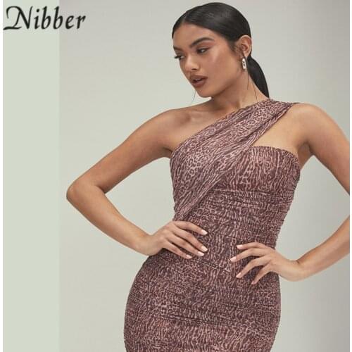 Nibber Leopard Print Dress One Shoulder Bodycon Lining Ruched Zipper Mini Cut out Mesh Dress Woman Sexy Party Club Summer Robe
